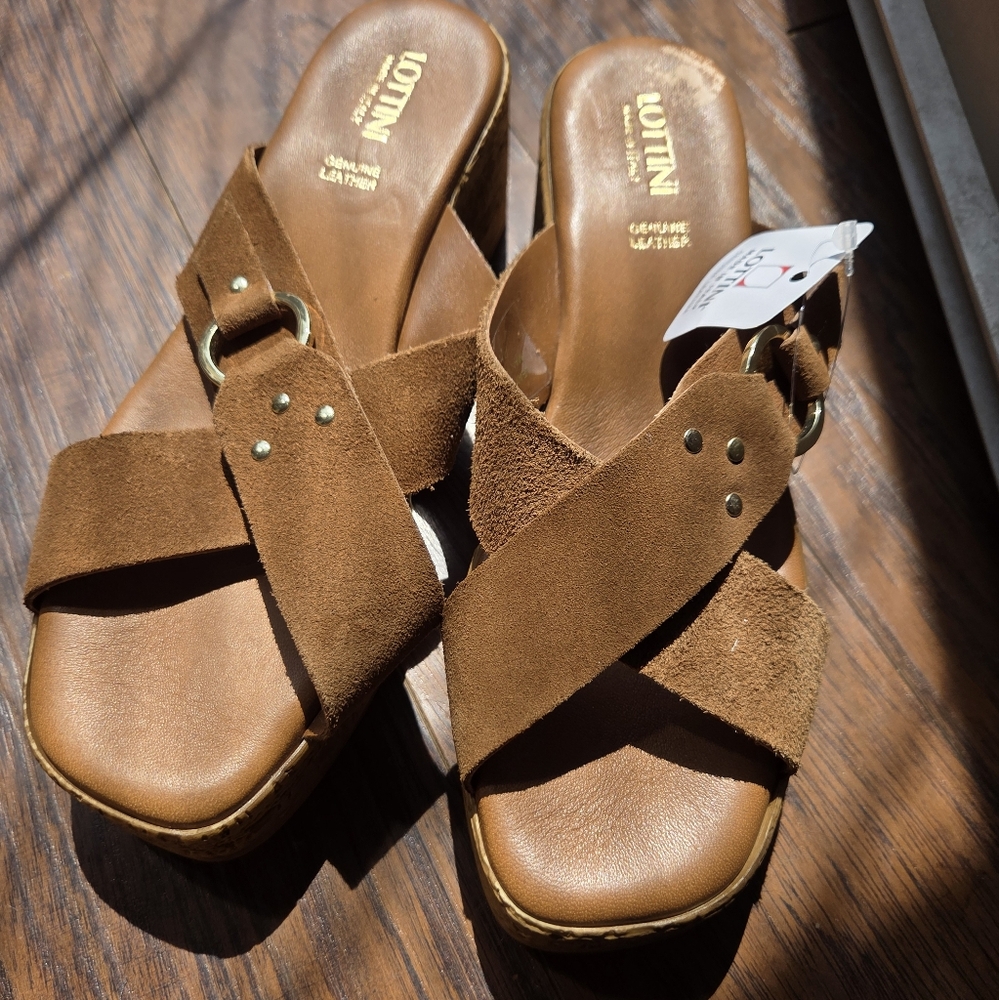 NEW Lottini Suede Boho Wedge Sandals - Camel - Picture 5 of 10